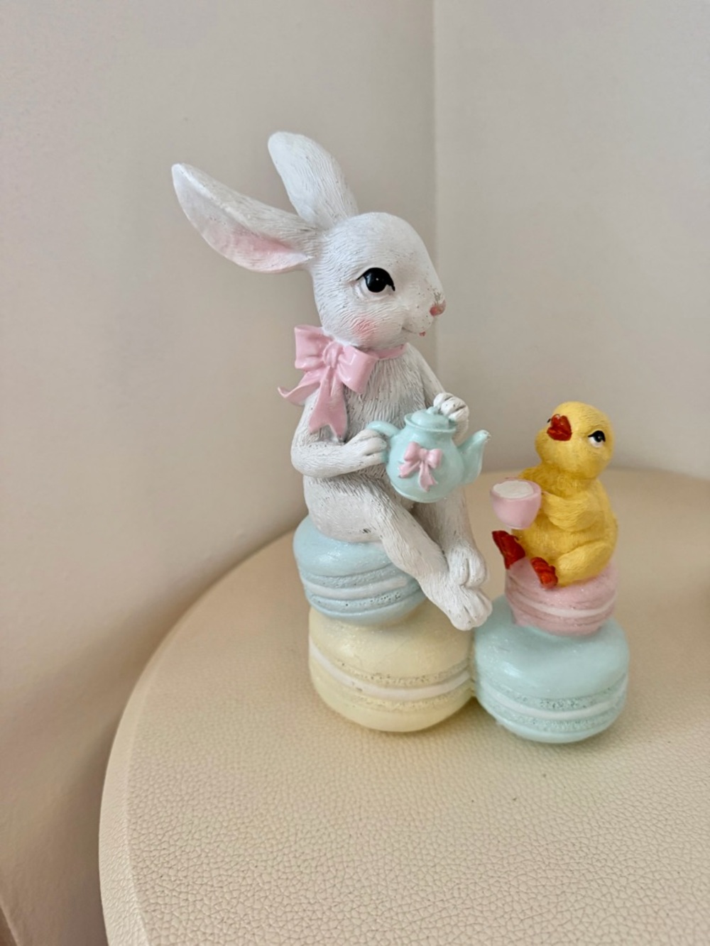 White Bunny & Yellow Chick Figurine with Pastel Accents